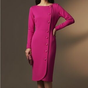 SAINT LAURENT Vintage 1980s Asymmetrical Button Stretch Wool Dress in Framboise